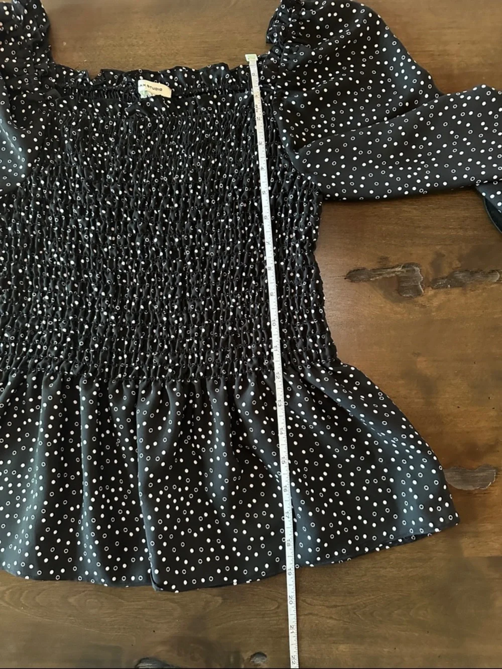 Smocked Peplum Long-Sleeve Top in Black with White Dot Print Size S